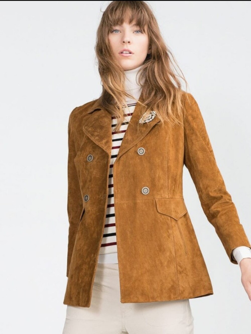 Zara Brown Suede Double-Breasted Leather Jacket